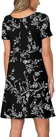Women Summer Casual Short Sleeve Crew Neck T Shirt Dresses Loose Swing with Pockets
