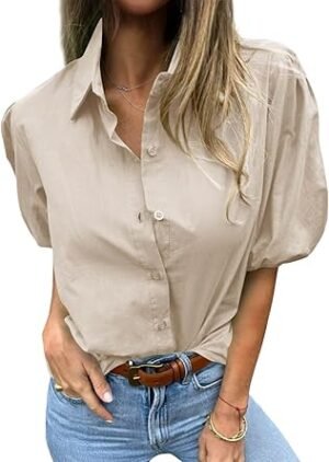 Tankaneo Women Button Down Shirts Short Puff Sleeve Collared Dressy Casual Blouse Tops