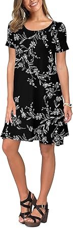 Women Summer Casual Short Sleeve Crew Neck T Shirt Dresses Loose Swing with Pockets