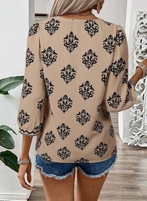 SHEWIN Women Casual V Neck Floral Print Chiffon Blouses 34 Sleeve Boho Summer Tops Shirts
