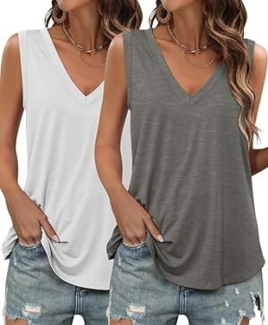 KKJ 2 Pack Womens Tank Tops Summer V Neck Sleeveless Loose Casual Blouses Beach Vacation Outfits Shirt Spring Trendy Clothes