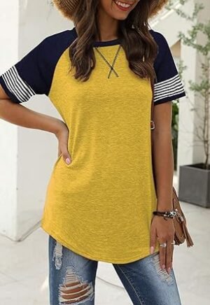 Adibosy Women Summer Casual Shirts: Short Sleeve Striped Tunic Tops Womens Crew Neck Tee Tshirt Blouses