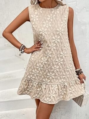 SOLY HUX Women Ruffle Hem Sleeveless Tank Dress Round Neck Casual Jacquard Hem Smock Summer Mini Dresses