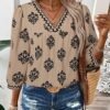 SHEWIN Women Casual V Neck Floral Print Chiffon Blouses 34 Sleeve Boho Summer Tops Shirts