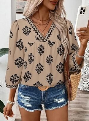 SHEWIN Women Casual V Neck Floral Print Chiffon Blouses 34 Sleeve Boho Summer Tops Shirts