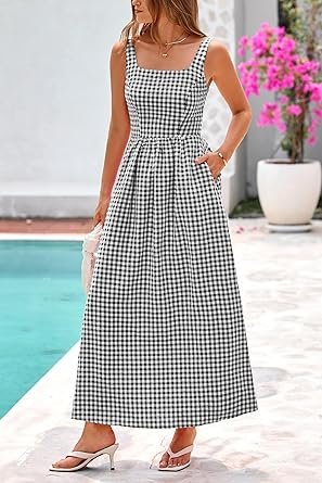 PRETTYGARDEN Women 2025 Summer Spaghetti Strap Maxi Dresses Plaid Square Neck A Line Casual Beach Vacation Long Sundress