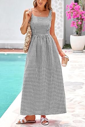 PRETTYGARDEN Women 2025 Summer Spaghetti Strap Maxi Dresses Plaid Square Neck A Line Casual Beach Vacation Long Sundress