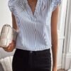 Floerns Women Striped Ruffle Cap Sleeve Tops Summer Blouse Tops V Neck Business Causal Outfits for 2025