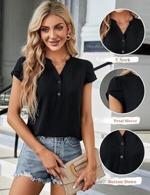Blooming Jelly Women Dressy Casual Tops Business Work Blouses White Button Down Shirts Cap Sleeve V Neck Tshirt