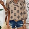SHEWIN Women Casual V Neck Floral Print Chiffon Blouses 34 Sleeve Boho Summer Tops Shirts