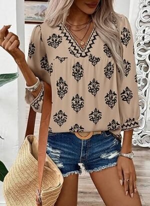 SHEWIN Women Casual V Neck Floral Print Chiffon Blouses 34 Sleeve Boho Summer Tops Shirts