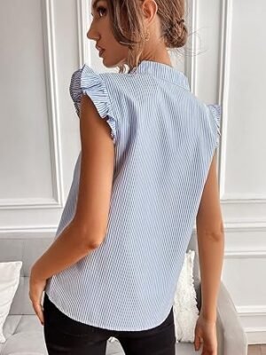 Floerns Women Striped Ruffle Cap Sleeve Tops Summer Blouse Tops V Neck Business Causal Outfits for 2025