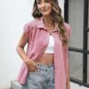 LOMON Womens Button Down Shirts Short Cap Sleeve Summer Cotton V Neck Collared Stripes Blouses Casual Plaid Tops