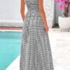PRETTYGARDEN Women 2025 Summer Spaghetti Strap Maxi Dresses Plaid Square Neck A Line Casual Beach Vacation Long Sundress