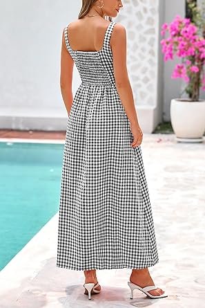 PRETTYGARDEN Women 2025 Summer Spaghetti Strap Maxi Dresses Plaid Square Neck A Line Casual Beach Vacation Long Sundress