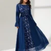 Embroidered Patchwork Chiffon Long Sleeve Flared Dress