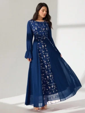 Embroidered Patchwork Chiffon Long Sleeve Flared Dress