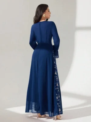 Embroidered Patchwork Chiffon Long Sleeve Flared Dress