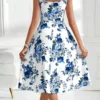 VCAY Women's Blue Floral Print Sleeveless A-Line Dress
