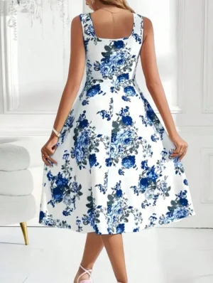 VCAY Women's Blue Floral Print Sleeveless A-Line Dress