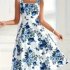 VCAY Women's Blue Floral Print Sleeveless A-Line Dress