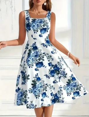 VCAY Women's Blue Floral Print Sleeveless A-Line Dress