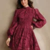 Women's Spring Dress, Elegant Floral Embroidery Mesh Lantern Sleeve Collared Waist