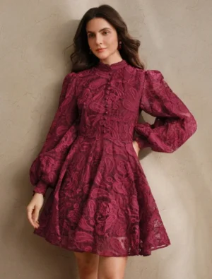 Women's Spring Dress, Elegant Floral Embroidery Mesh Lantern Sleeve Collared Waist