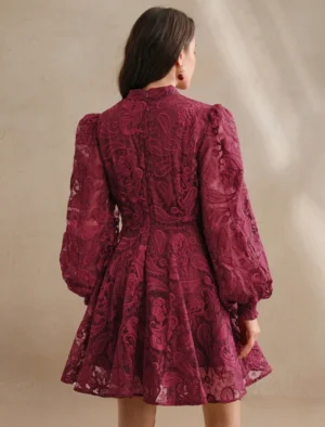 Women's Spring Dress, Elegant Floral Embroidery Mesh Lantern Sleeve Collared Waist